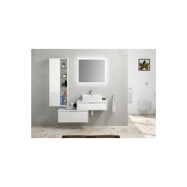 COMPOSIZIONE BASE SOSPESA A CASSETTONE + CASSETTONE LATERALE TREVI  BIANCO CM. 120  CON SPECCHIO RETROILLUMINATO COMPLETO LAVABO