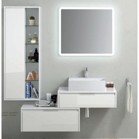 COMPOSIZIONE BASE SOSPESA A CASSETTONE + CASSETTONE LATERALE TREVI  BIANCO CM. 130  CON SPECCHIO RETROILLUMINATO COMPLETO LAVABO