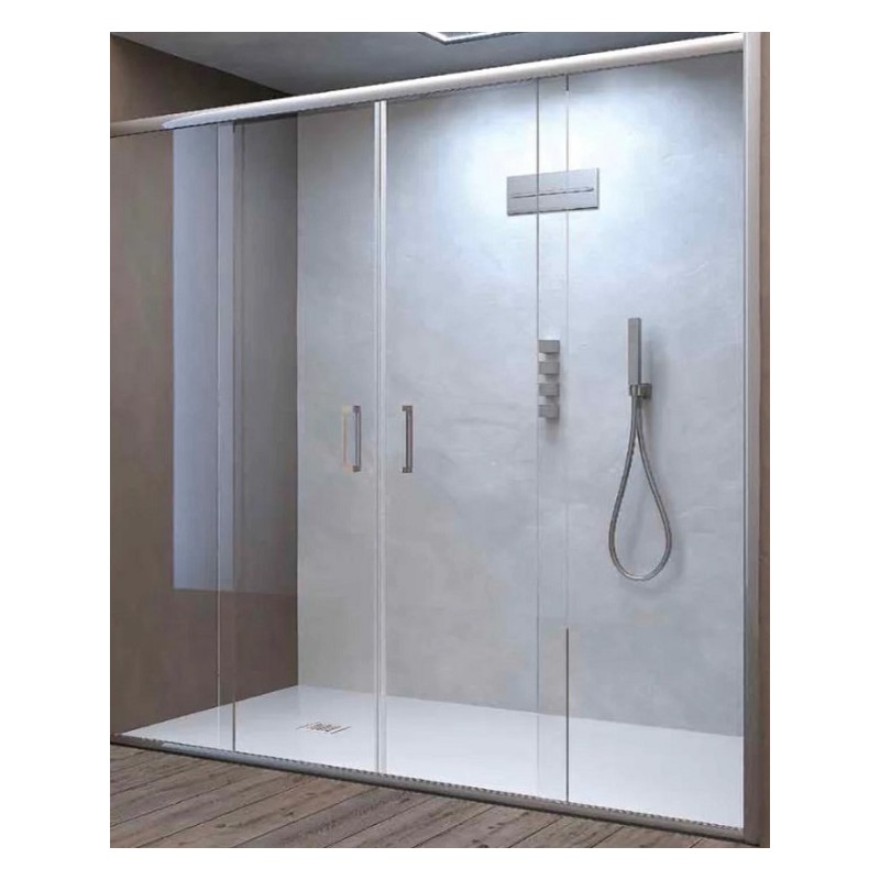 BOX PORTA SCORREVOLE A DUE ANTE FISSE E DUE SCORREVOLI  TONGA  PROFILO BIANCO  CM 182/187  CRISTALLO TRASPARENTE H.190