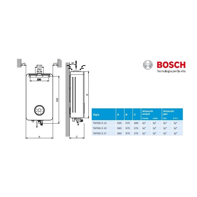 SCALDABAGNO A GAS BOSCH THERM 5600 S 17 DV23 INDOOR 17 LT METANO C.S.