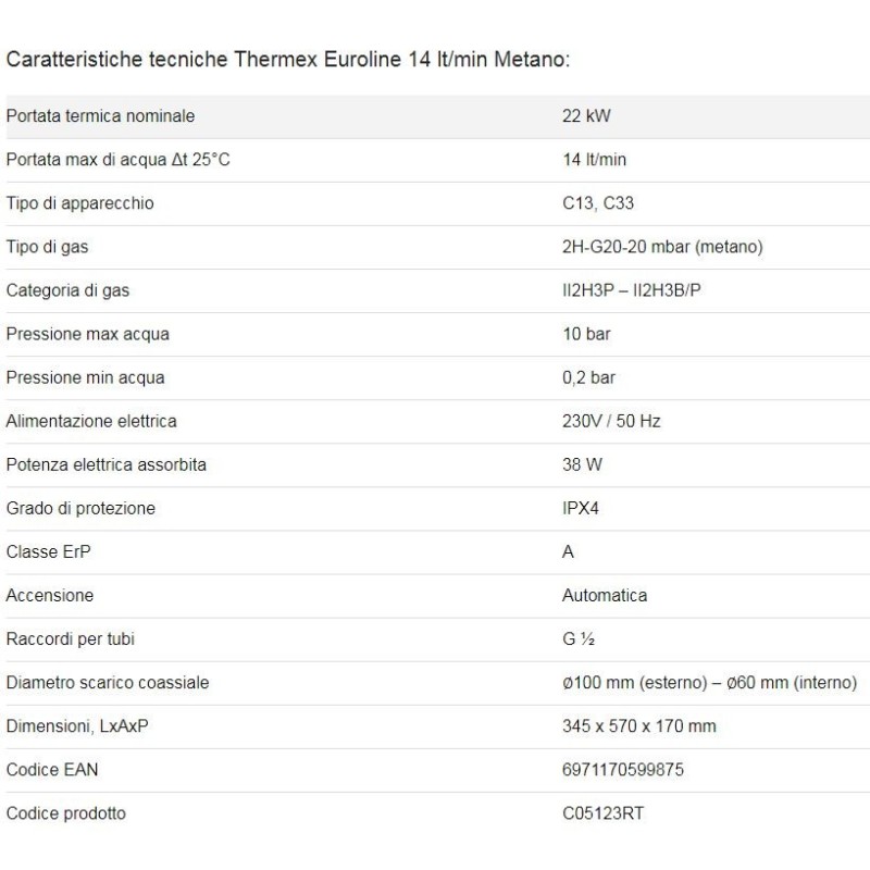 SCALDABAGNO A GAS THERMEX EUROLINE METANO CAMERA STAGNA PER ESTERNI 14 LT